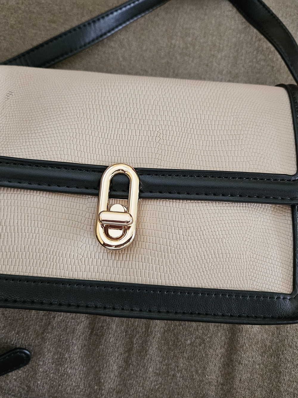 Structured Cream and Black Crossbody Bag with Gold Hardware